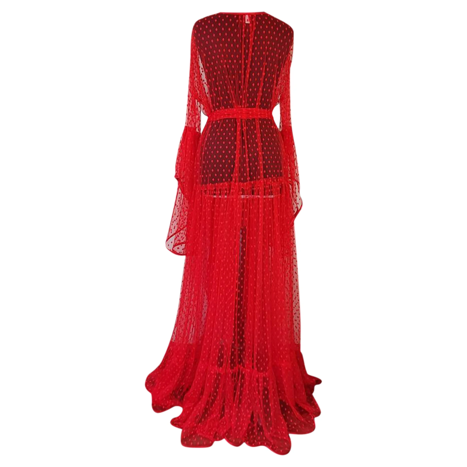 Dots Sheer Mesh Nightgown Robes for Women See-Through Sexy Long Flare Sleeve Waist Tie-up Flowy Sleepwear Dress Sleep Robe
