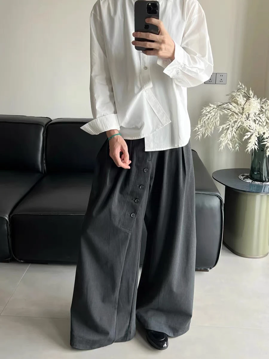Loose Wide Leg Men's Casual Pants Vintage Drapey Button Design Comfortable Loose Fit Youthful Sle Long Trousers for Autumn