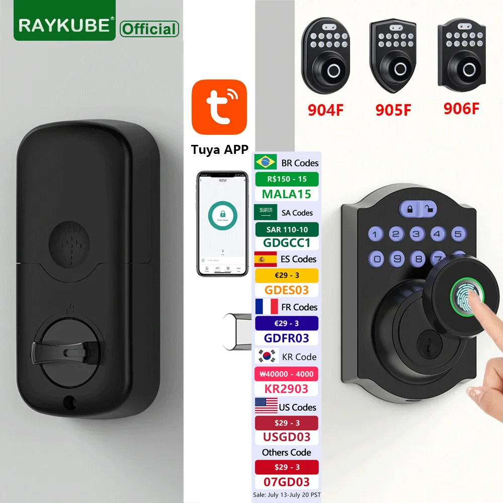 

RAYKUBE Tuya BLE Fingerprint Deadbolt Lock Smart Digital Lock With Auto Lock Delay Password/Key/APP Remote Unlock 904F/905F/906F