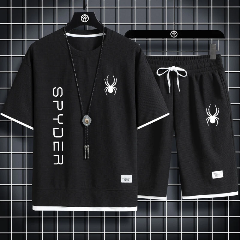 남성용 체크무늬 티셔츠 및 반바지 세트, 한국 패션 2 피스 세트, 남성 캐주얼..