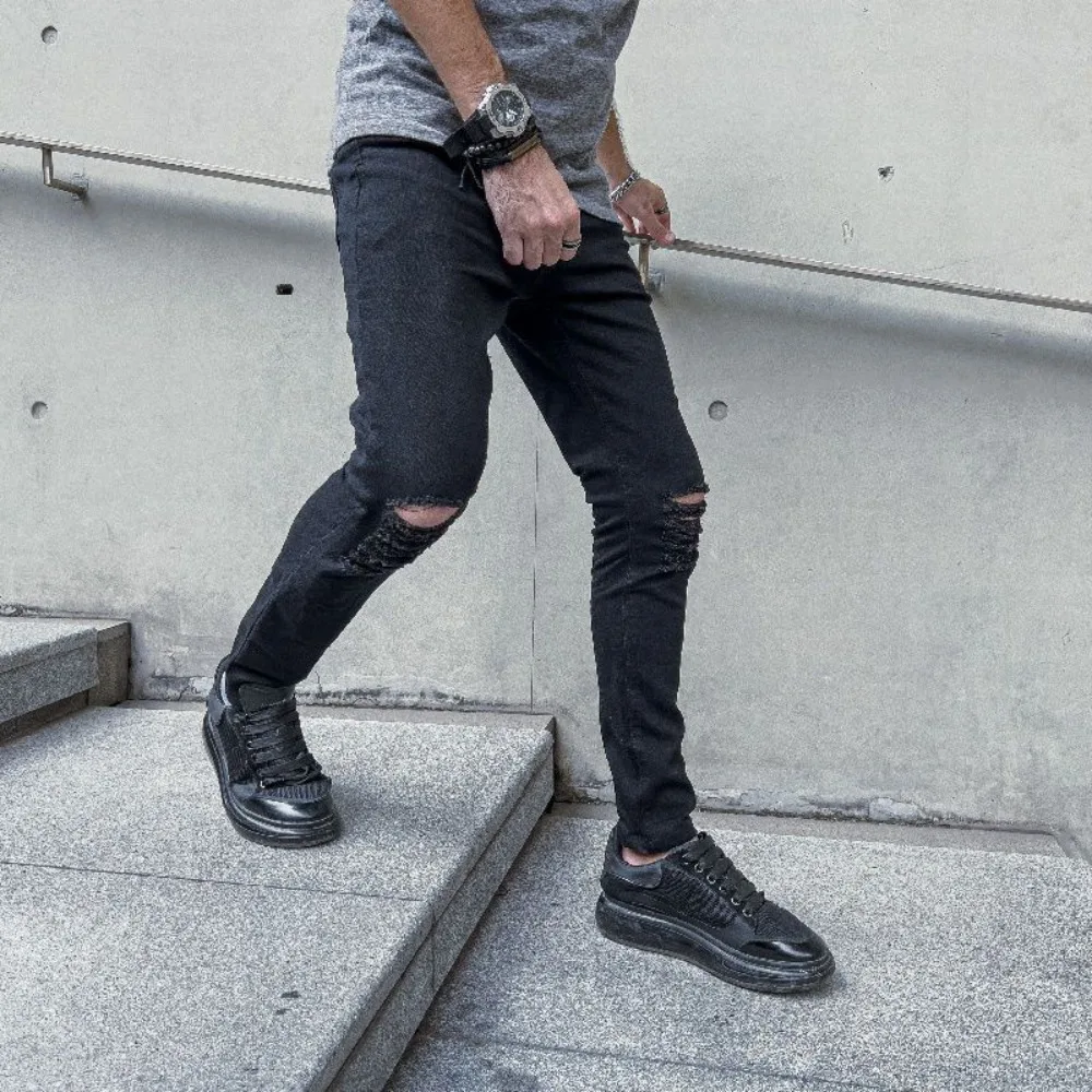 Men's Stretch Jeans Slim Fit Solid Color Invisible Open Crotch Outdoor Sex Ripped Tight Denim Casual Trousers Exotic Pants