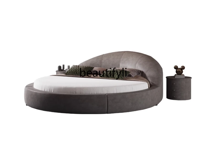 

Faux Leather round Double Bed Luxury Master Bedroom round Marriage Bed Hotel Senior Romantic Princess Bed