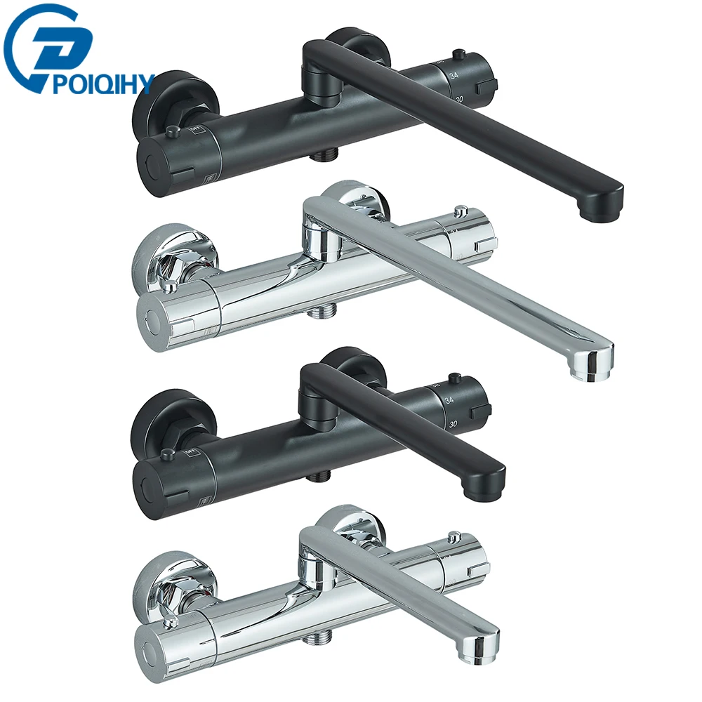 ก๊อกอ่างอาบน้ำสีดำโครเมียมแบบติดตั้งบนผนังก๊อกทองเหลืองก๊อกน้ำฝักบัวเทอร์โมสตัทผสมเทอร์โมสตัท 1