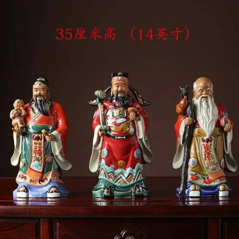 

3PCS Asia HOME SHOP high grade Good luck Gods buddha efficacious bless Fu Lu Shou safe health patron saint statue 35cm tall