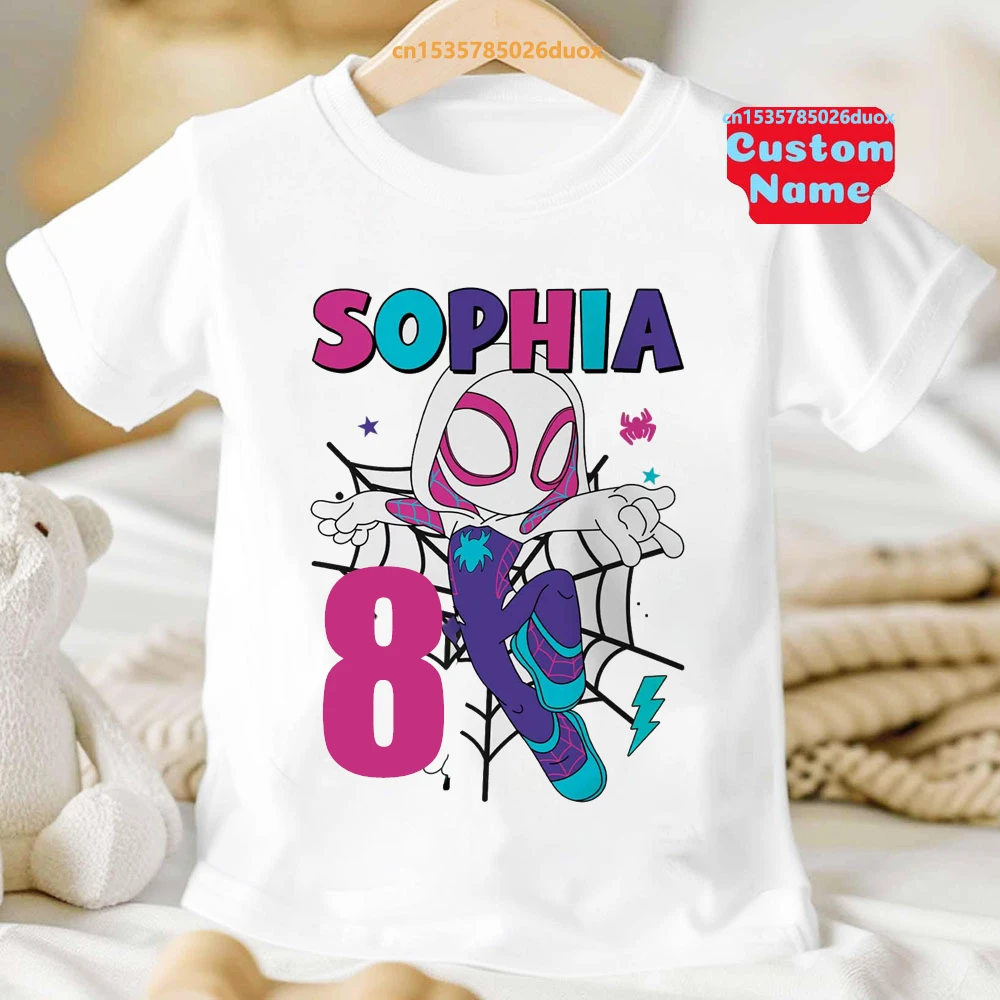 Summer 2025 Kid 2 3 4 5 6 7 8 Marvel Spiderman Girl Birthday Short Sleeve Shirt Spider-Man Boy Personalize Name Birthday Clothes 5