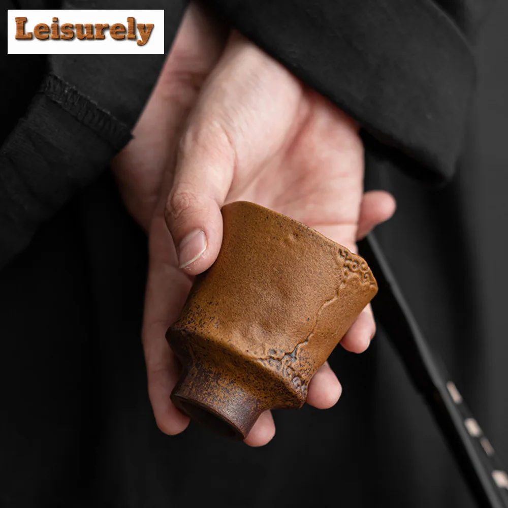 2pc/lot Retro Sauce Glazed Coarse Pottery Teacup Old Rock Mud Master Cup High Feet Meditation Cup Chazhan Mugs Kung Fu Tea Set