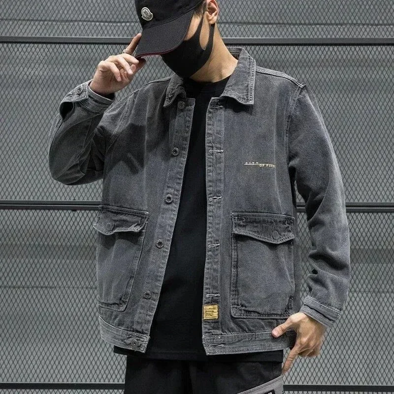 thumbnail image 1 of Chaquetas de mezclilla para hombre, abrigo vaquero japonés de hombros anchos para hombre, ropa popular coreana negra de carga, estilo coreano elástico de marca G, 1 of 4