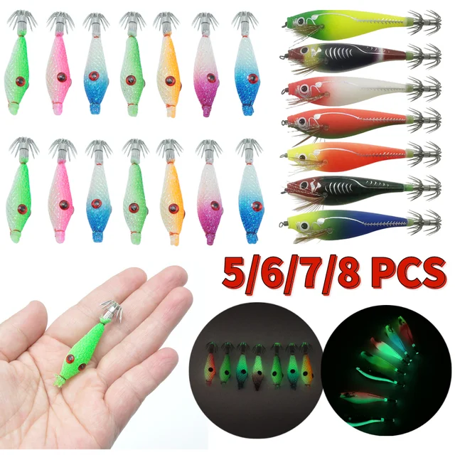 7 Pcs Squid Hook Lure Hook Fishing Tackles Simulation Luminous Fishing Bait Squid  Jig Baits Luminous Squid Jig Hooks for Fishing