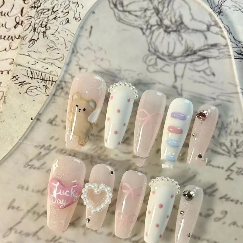 여름 프레시 베어 클라우드 보우 핸드메이드 웨어 네일즈 펄 러브 큐트 네일 아트 스윗 카툰 리무버블 페이크 네일즈