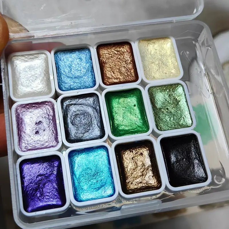 12 colors solid watercolor paints set watercolor painting set,watercolor paint,watercolor pigment Textured Pearlescent Pigment Metallic Glitter Acuarela Suit Portable Art Supplies