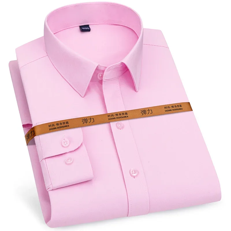 New Non-iron Stretch Casual Shirt Solid Color White Pink Blue Black Grey Fashion Men\'s Long-sleeved Business Dress Shirt for Men