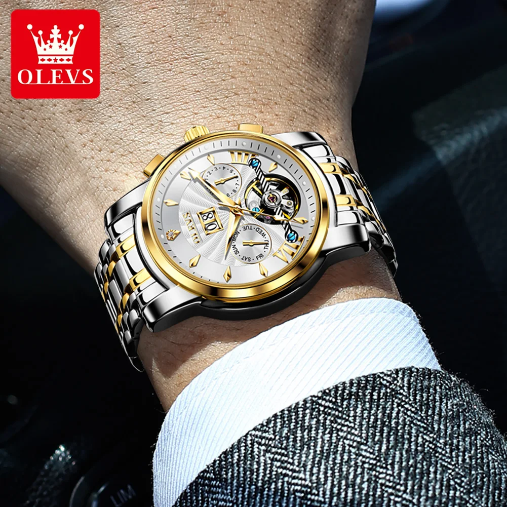 OLEVS Brand New Luxury Gold Mechanical Watch Men Stainless Steel Waterproof Fashion Tourbillon Watches Mens Relogio Masculino