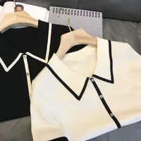 Women Fashion Black White Patchwork Polo Shirts Summer Casual Loose Short Sleeve Knit T-shirt Office Lady Chic Button Pullovers - Image 5