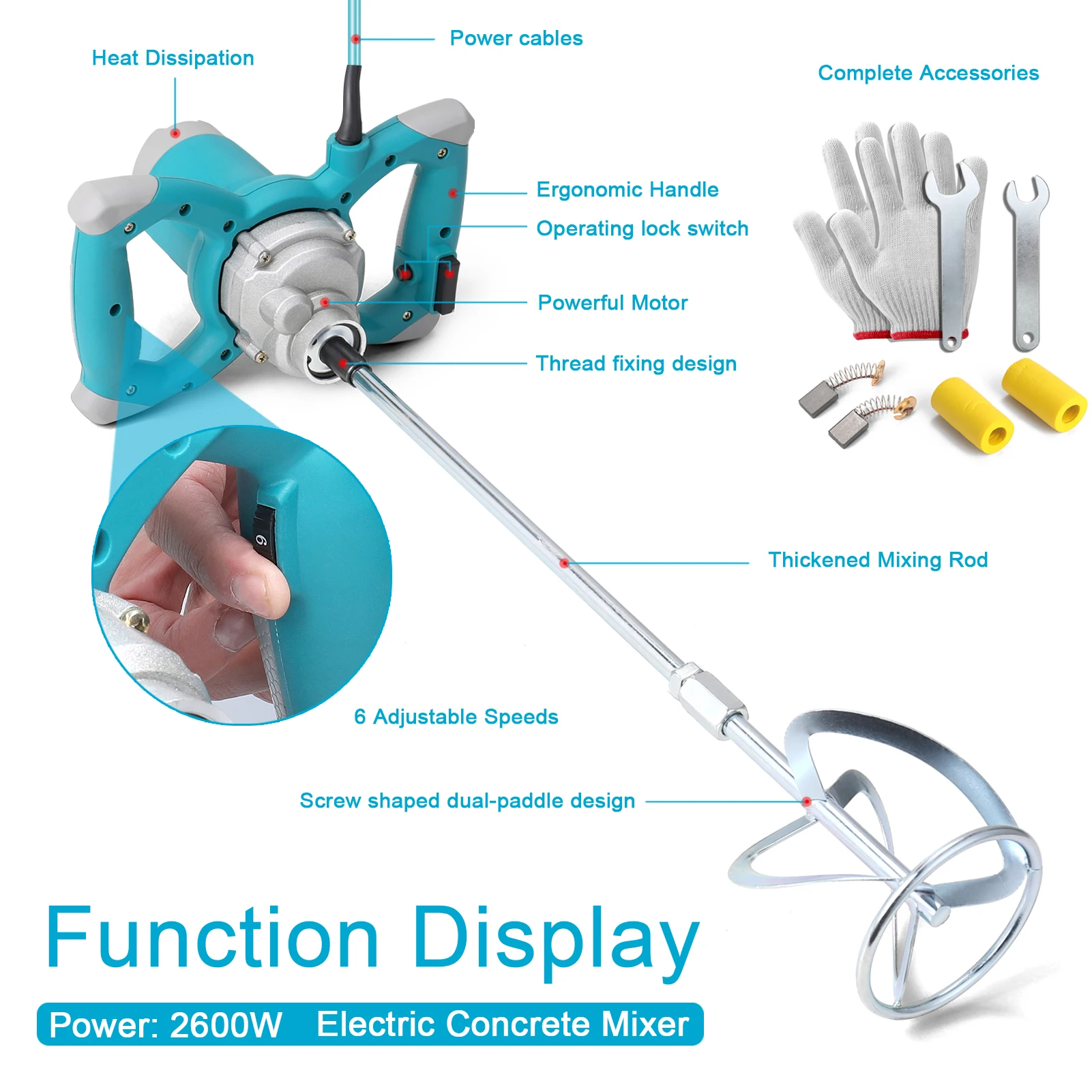 خلاط خرسانة كهربائي محمول بقدرة 2600 واط، يتميز بـ...