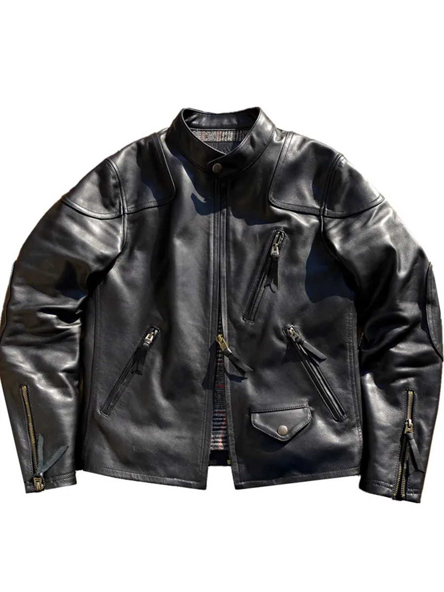 Domestic First Layer Cowhide Leather Jaet Faion Urban American Casual ort Sle Zipper Closure Youth Leather Jaet