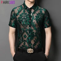 Green Floral Embroidery Transparent Shirt Men Transparent See Through Sexy Dress Shirts Mens Social Party Lace Sheer Blouse 2XL 1