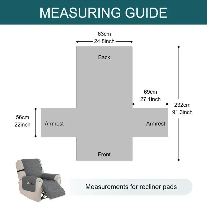 Quilted Recliner Sofa Cover Water Repellent Reclining Chair Covers Pet Kid Dogs Mat Armchairs Slipcovers with Elastic Strap 2