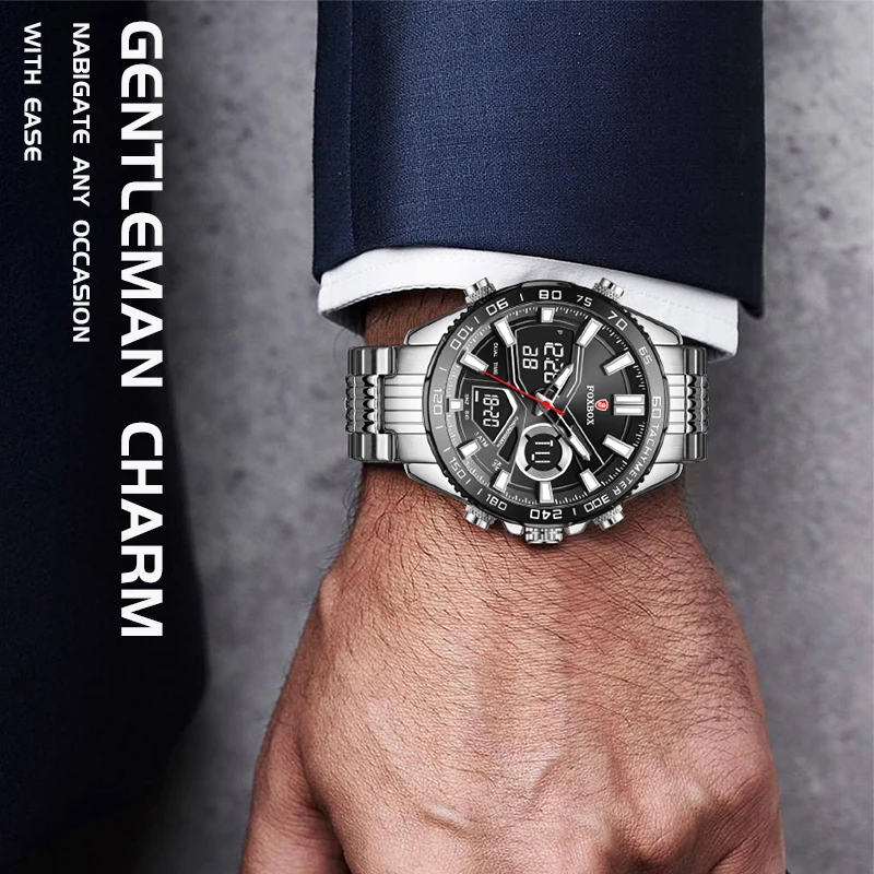 FOXBOX New Fashion Sport Men's Wrist Watch Digital Waterproof Quartz Chronograph Stainless Steel Clock Male Relogio Masculino