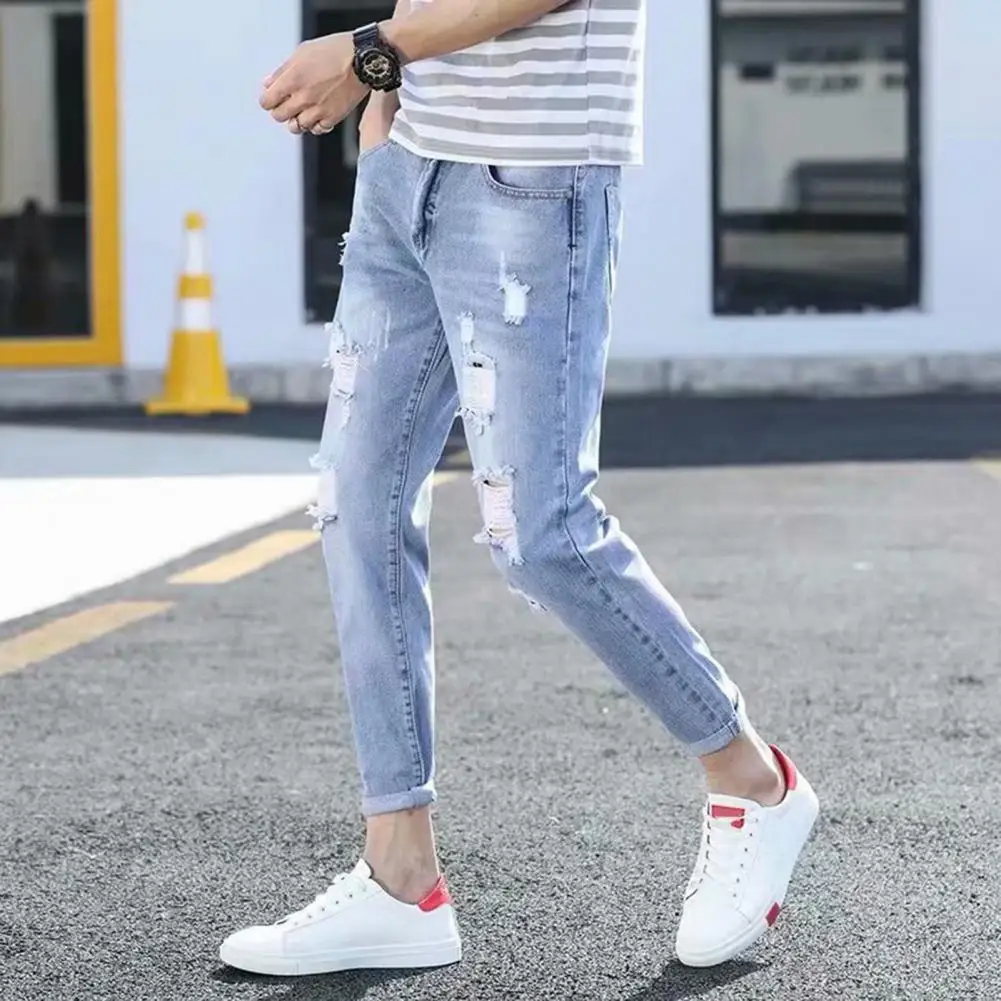 

Fashion Men Stretchy Ripped Tassel Denim Pants Comfy Casual Jeans Stylish Ripped Holes Male Pencil Jeans Daily Garment