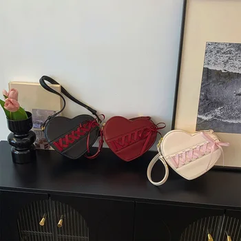 Ribbon Heart Shaped Shoulder Bag PU Leather Crossbody Purse Cute Shoulder Purse for Women Girls