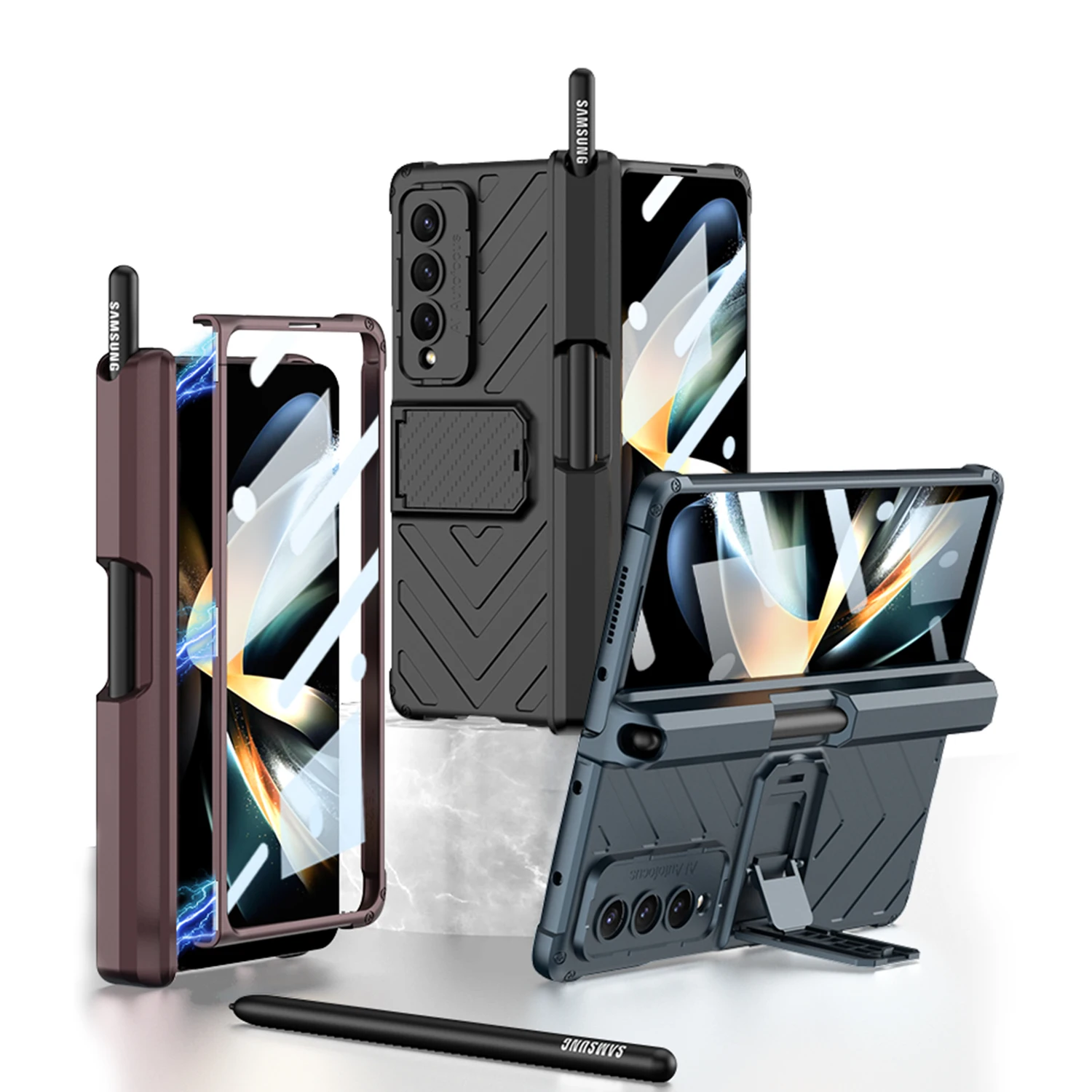 

Magnetic Hinge Pen Holder Protective Case For Samsung Galaxy Z Fold 4 5G Fold4 Case with Wrist Band Glass Film Hard PC Cover