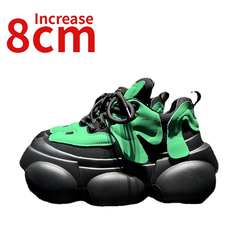 

European/American Fashion Trends Cool Dad's Shoes Women's Height Increase 8cm Sports Casual Shoes Genuine Leather Elevator Shoes
