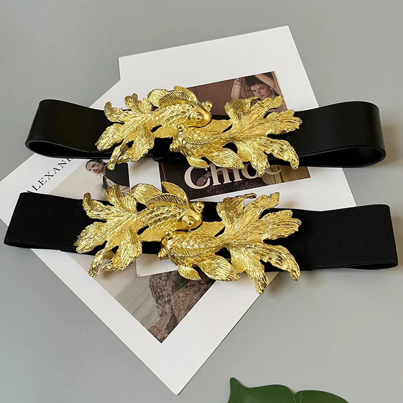 Golden Waist Belts Fashion Women\'s Metal Wide Waistband Luxury Brand Designer Ladies Genuine leather Elastic For Dress Belt