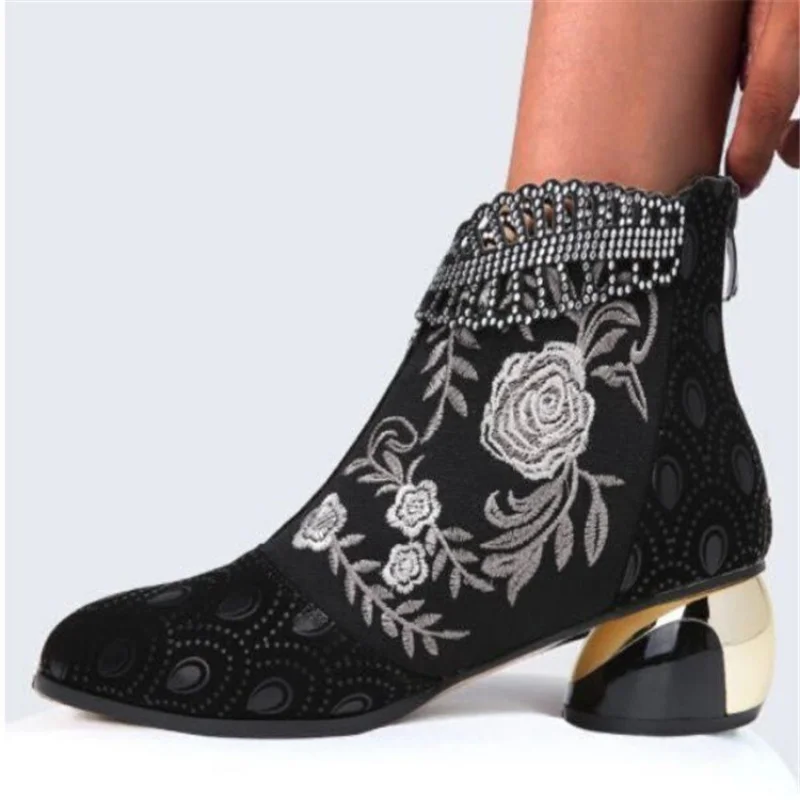 Women New Ethnic Style Embroidery Rhinestone Mid Calf Boots Autumn Winter Chunky Heels Booties Plus Size 36-43 Zapatos De Mujer