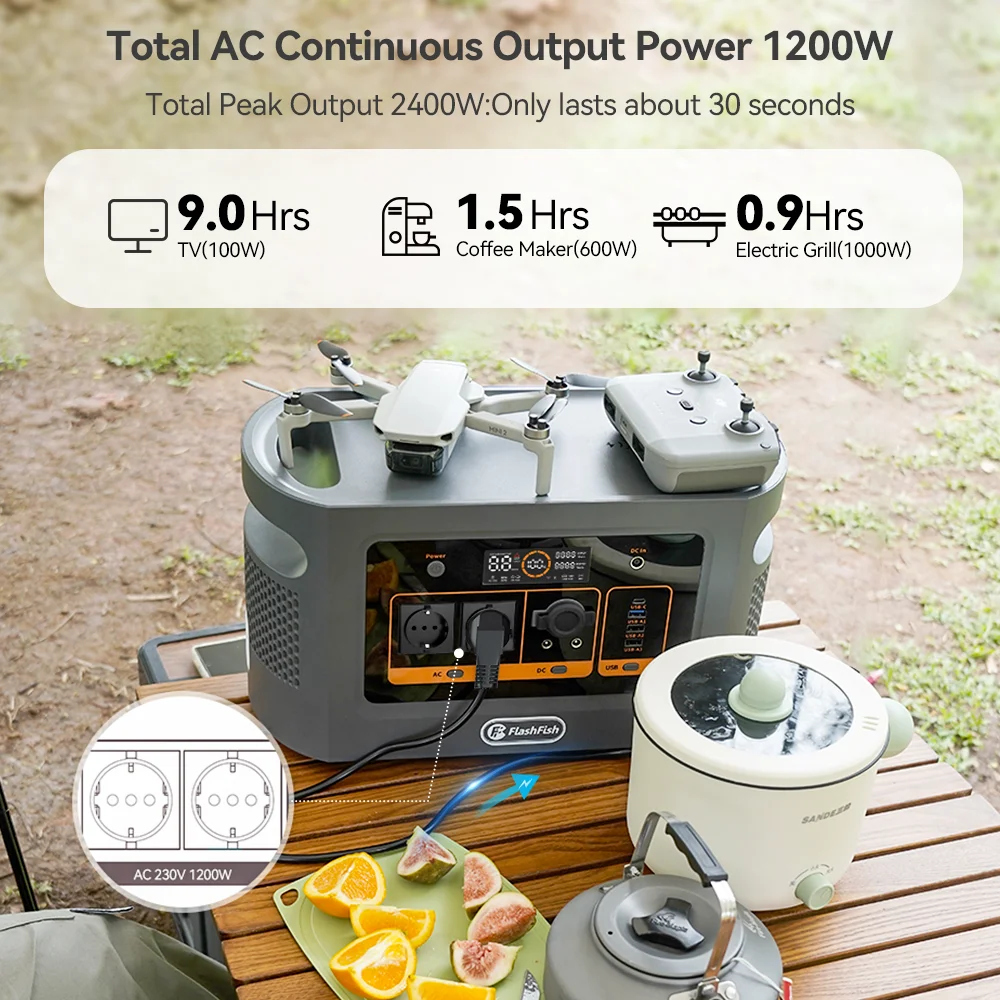 FF Flashfish QE02D Lifepo4 1008Wh Rechargeable Portable Power Station 1200W 315000mAh Solar Generator UPS AC Wireless Battery 3