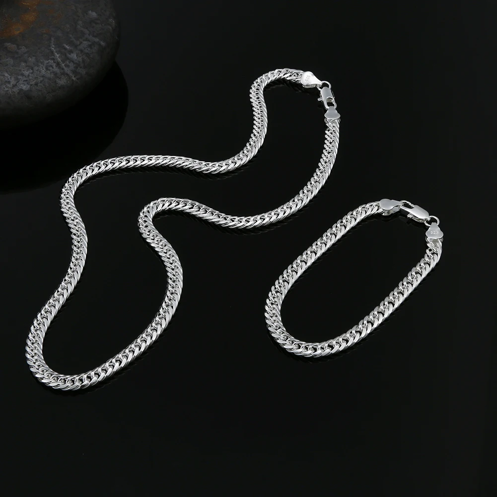 

Hot new fine 925 silver Color 6MM geometric chain man bracelets neckalces for women fashion Party wedding jewelry sets gifts