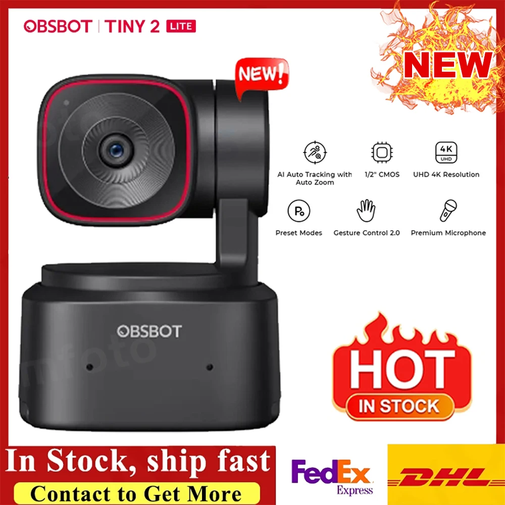 OBSBOT Tiny 2 Lite PTZ 4K Webcam 1080p@60fps HDR With AI Tracking Privacy Cover Microphone 1/2" Sensor USB2.0 Plug&play