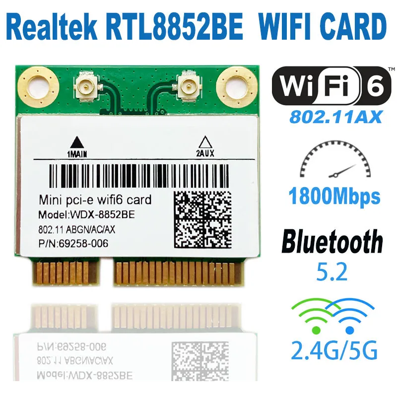 

Wifi 6 Realtek RTL8852BE Network Card 1800Mbps BT 5.0 Dual Band Wireless Wi-Fi Adapter 802.11ac/ax 2.4G/5Ghz MU-MIMO For Win 10