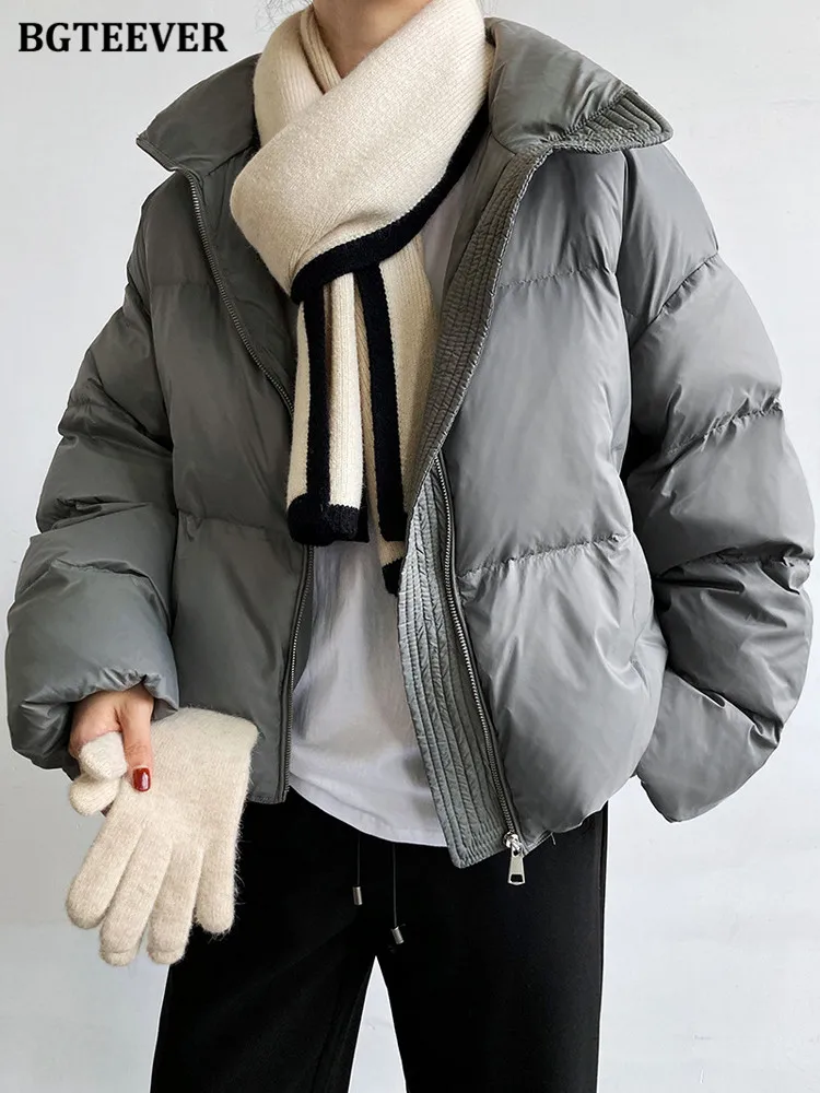 

BGTEEVER Fashion Stand Collar Full Sleeve Solid Women Down Jacket Winter Loose Zippers Female Parkas Casual Ladies Overcoat