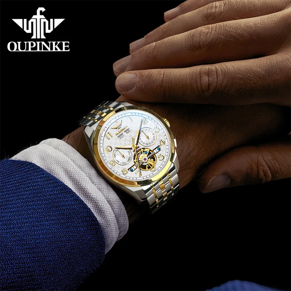 OUPINKE 3263 Man Watch Top Brand Number Scale Hollow Skeleton Automatic Watch For Men Date Mechanical Wristwatch 50M Waterproof