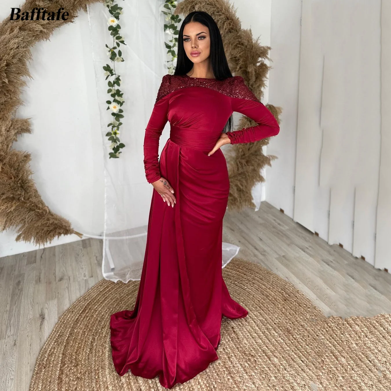 

Bafftafe Mermaid Burgundy Evening Dresses Long Sleeves O-Neck Sequines Prom Gowns Overskirt Women Special Party Bridesmaid Gown