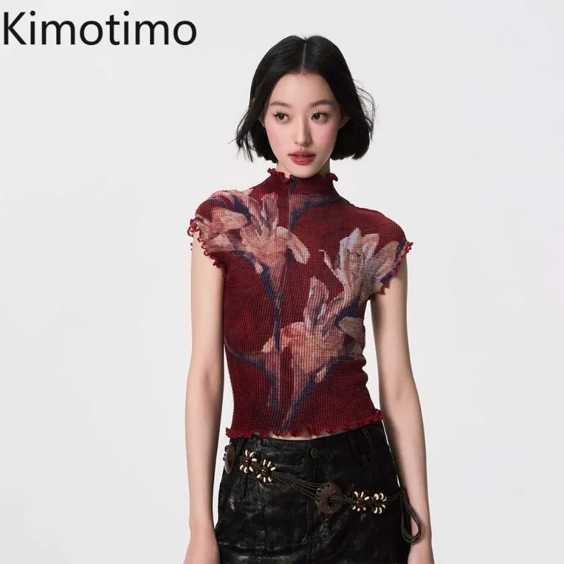 Kimotimo Y2k Printed Folds Tshirts Women 2026 Summer Half High Collar Slim Fit Short Sleeve Crop Tops Harajuku Ropa De Mujer INS 1