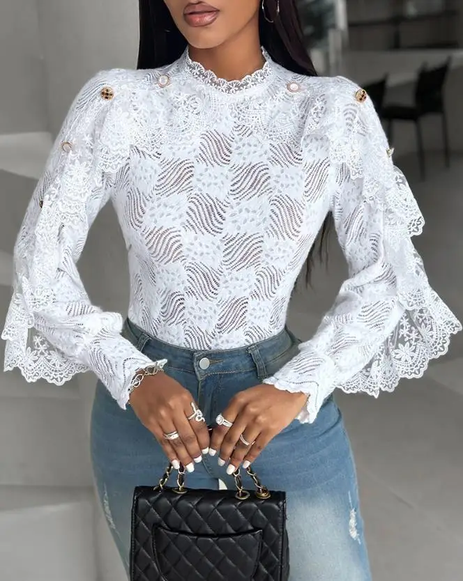 Women Lace Embroidery Blouse Shirts Elegant Long Sleeve Solid Color Crochet Lace Stand Collar Buttoned Top Pullovers Office Lady