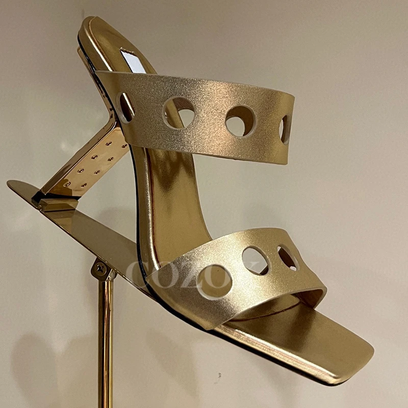 

Female High Heel Sandals Summer New Unique Hollow Upper Design Banquet Ladies Pumps Patent Leather Material Square Head Slippers