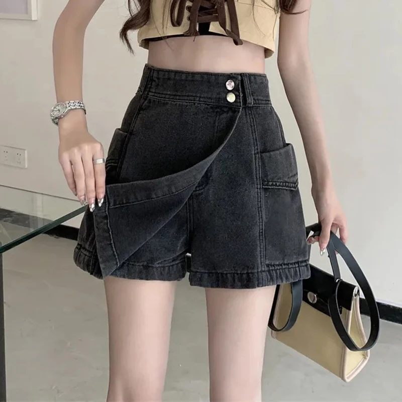 

Korean Style High-waist Skirt Shorts Women's 2023 Summer Pockets Denim Shorts Double Button A-Line Skirt Pants Trendy Culottes