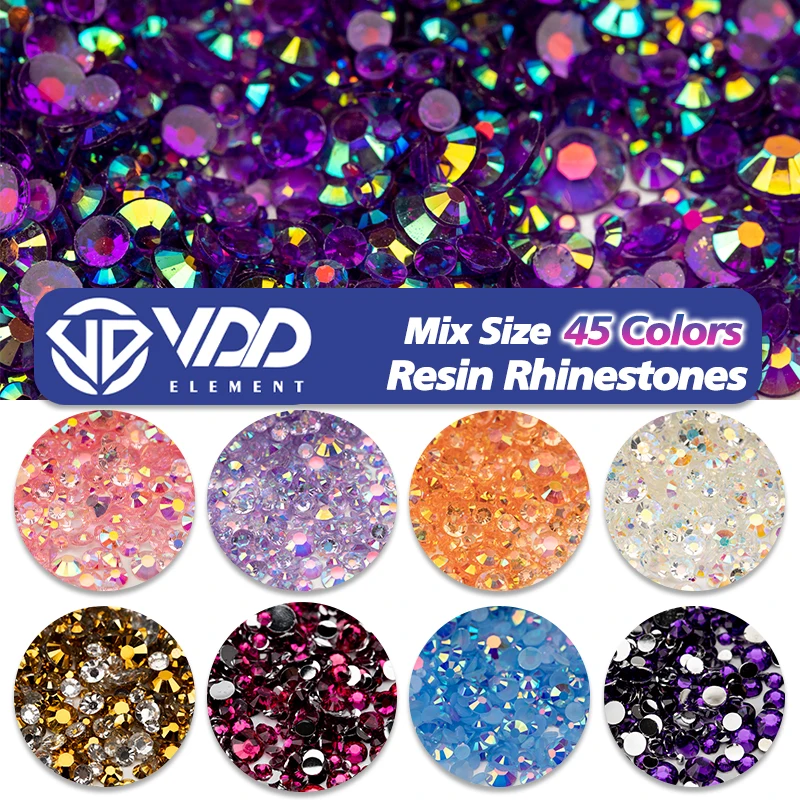 VDD 30/100g Mix Size 2-6mm Resin Rhinestone Crystal Color AB Flatback Plastic Bulk Wholesale For DIY Nail Art Crafts Decorations