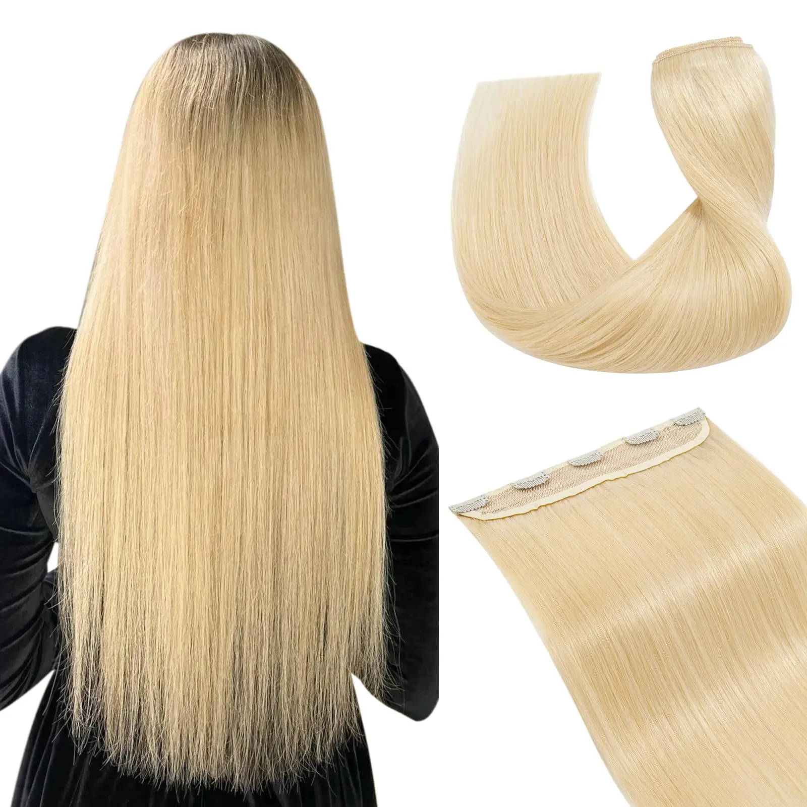 Clip in Extensions 100% Remy Human Hair One-piece 5 Clips Long Straight Hair Extensions Wide Weft Soft Silky #613 Bleach Blonde