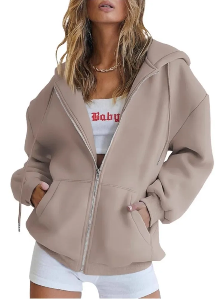 Fashion Gray Zip Up Sweatshirt Women Autumn Winter Jacket Clothes Hoodies Daily Pockets Long Sleeve Solid Versatile Lady Hoodies 5
