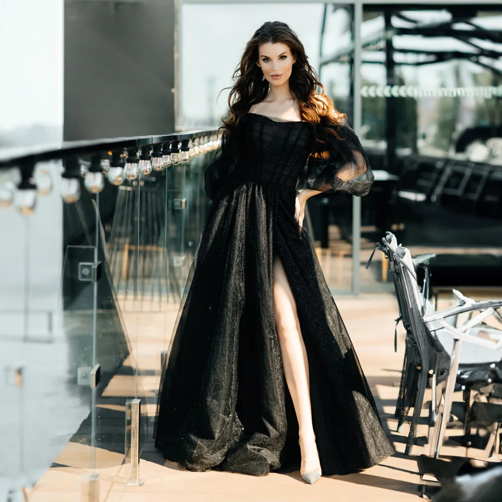 

Boat Collar Shiny Tulle Side Split Prom Dress for Women Pleated Puffy Long Evening Party Gown with Sleeve A-line فساتين السهرة