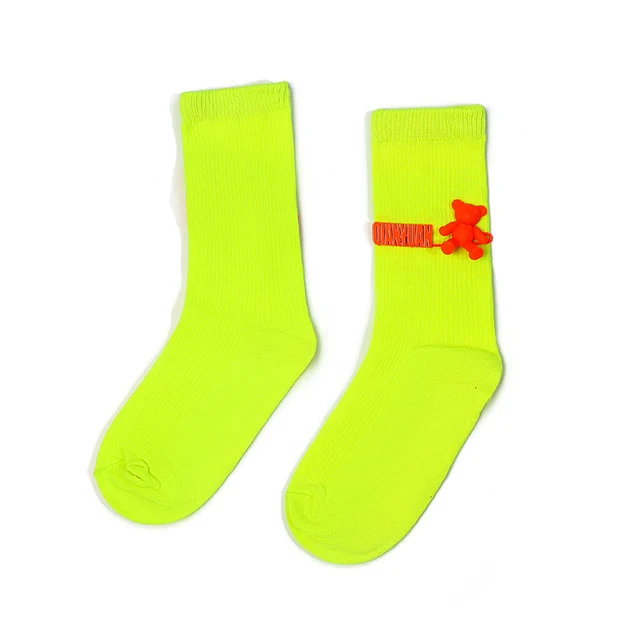 Black and White Pure Color Tube Socks Female Pin Bear Lovely Personality Tide Socks INS Korean Students Long Tube Cotton Socks 15