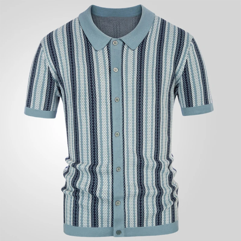 Vintage Striped Crochet Knitted Shirts Mens Spring Summer Casual Short Sleeve Buttoned Lapel Knit Tops For Men Trendy Cardigans 4