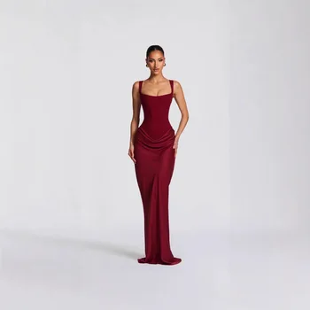Cross-Border Spring 2026 Women's Slim Fit Fishbone Strap Long Dress Pure Color Bodycon Dress Sexy Style Shoulderless Gown 1
