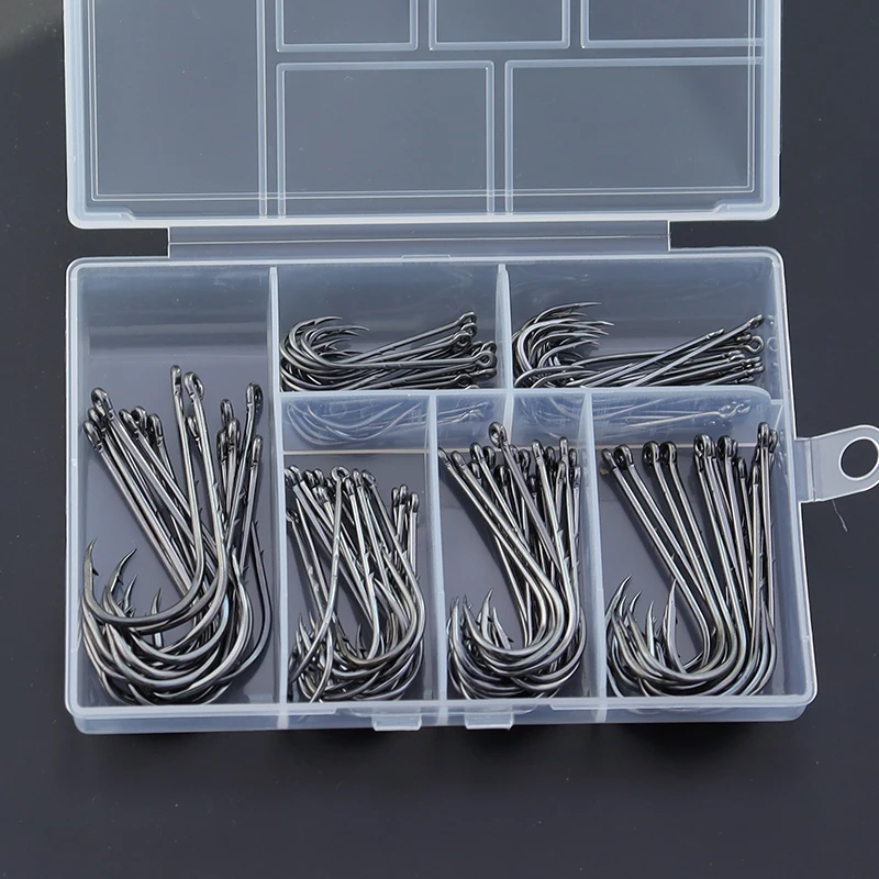 Boîte de 110 hameçons longue tige barbelés acier carbone pour pêche mer avec double appât - Hameçons océan