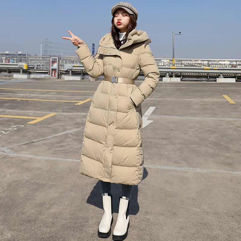 

Новая зимняя парка с длинным капюшоном, модная женская куртка на 90% белом утином пуху с поясом, Толстая теплая зимняя верхняя одежда на молнии