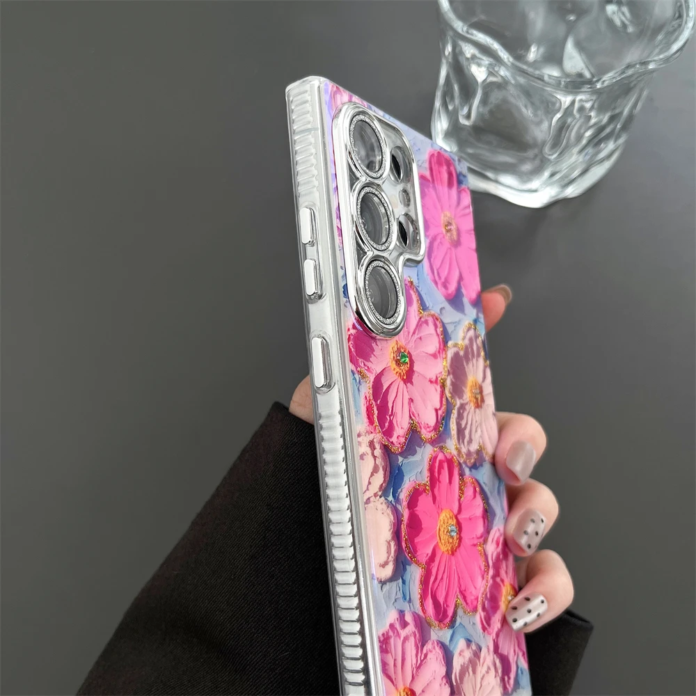 Luxury Flower Pattern Glitter Laser Phone Case with Wrist Strap Rope Cover