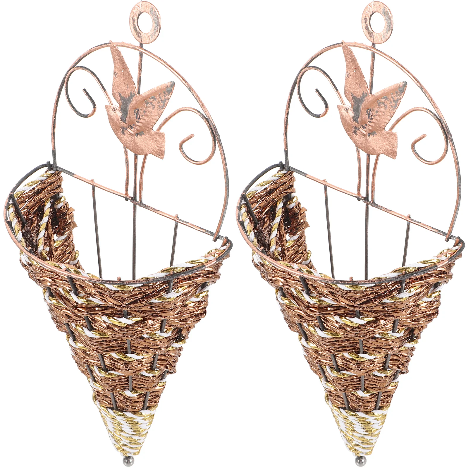 

2Pcs Cone Rattan Baskets Iron Wall Hanging Flower Basket Wall Fence Hanging Planter Retro Farmhouse Plant Cone Rattan